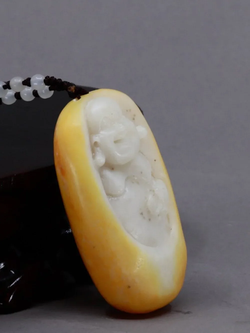 Chinese white hetian jade pendant w Laughing Buddha